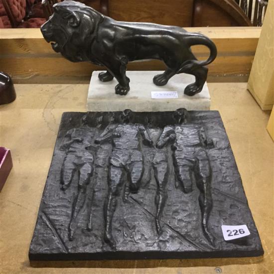 Figurative plaque & spelter lion on marble base